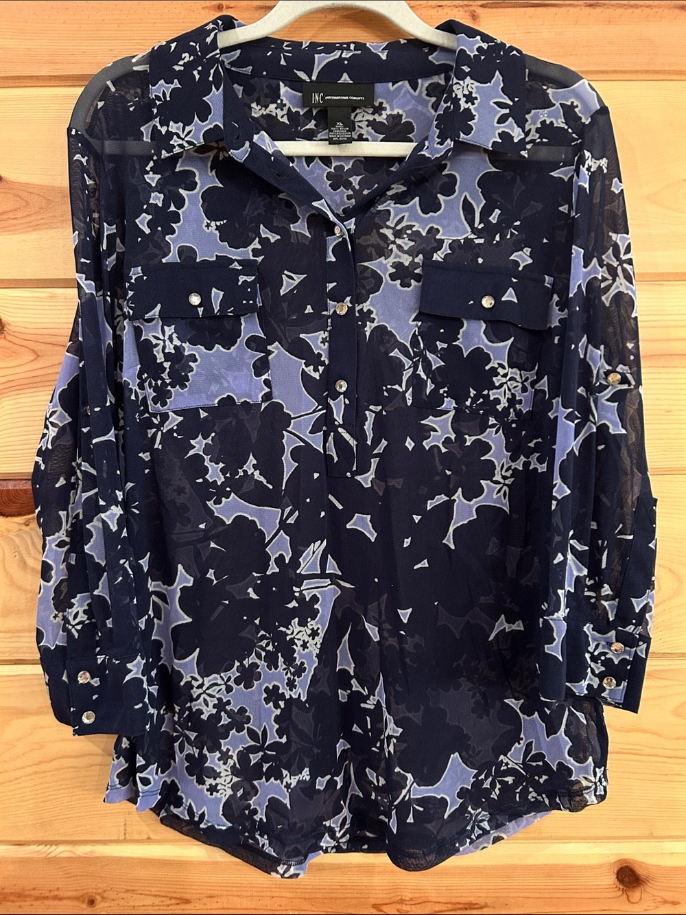 INC International Concepts Navy and Light Blue Floral Sheer Button-Down Blouse